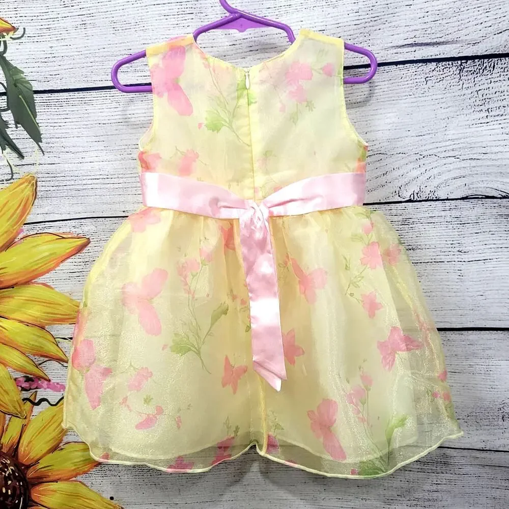 Little Lindsey Yellow & Pink Floral Dress‎ W/ Pink Satin Bow 24 Months